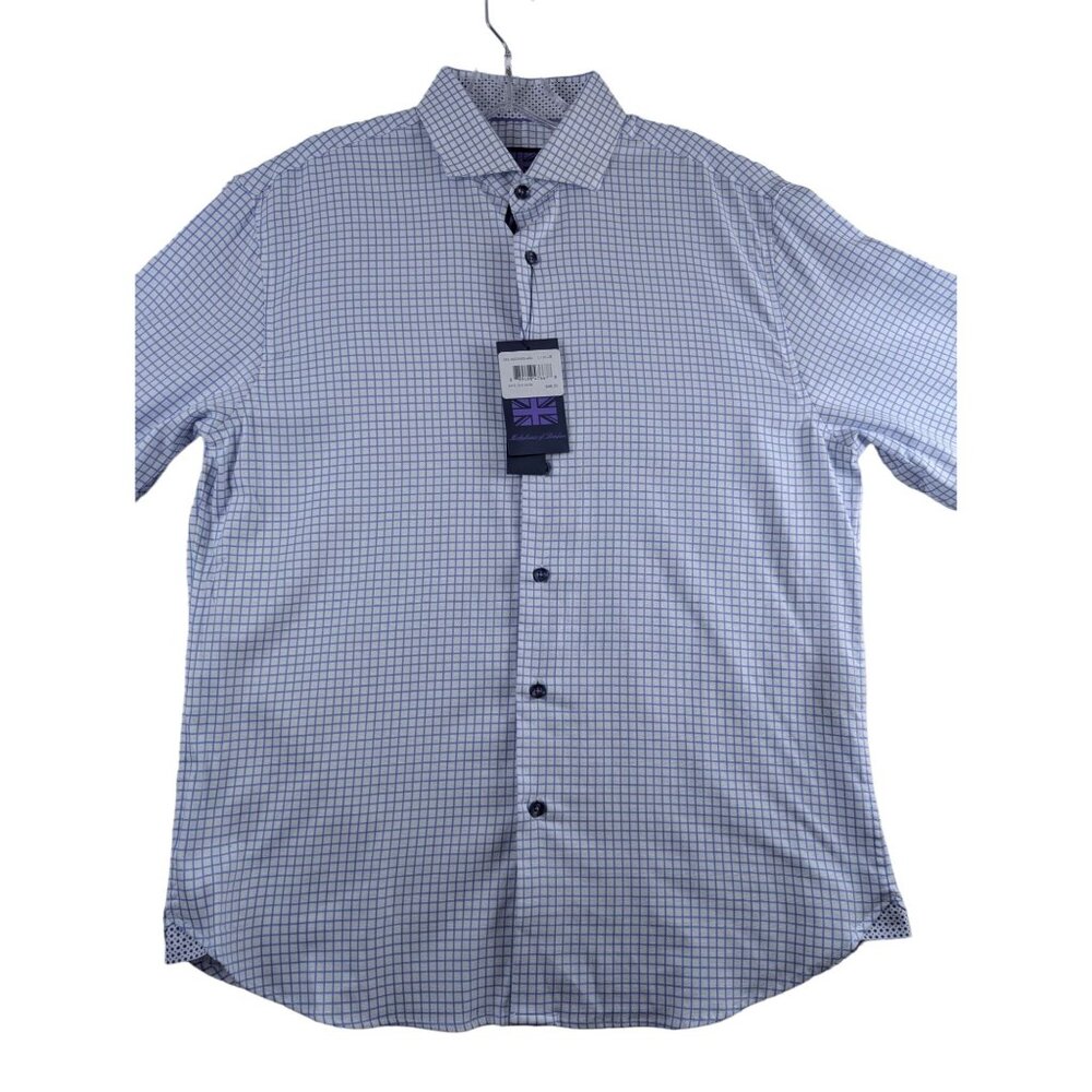Michelsons of London Men's Medium Regular-Fit Blue Check Dress Shirt Long Sleeve
